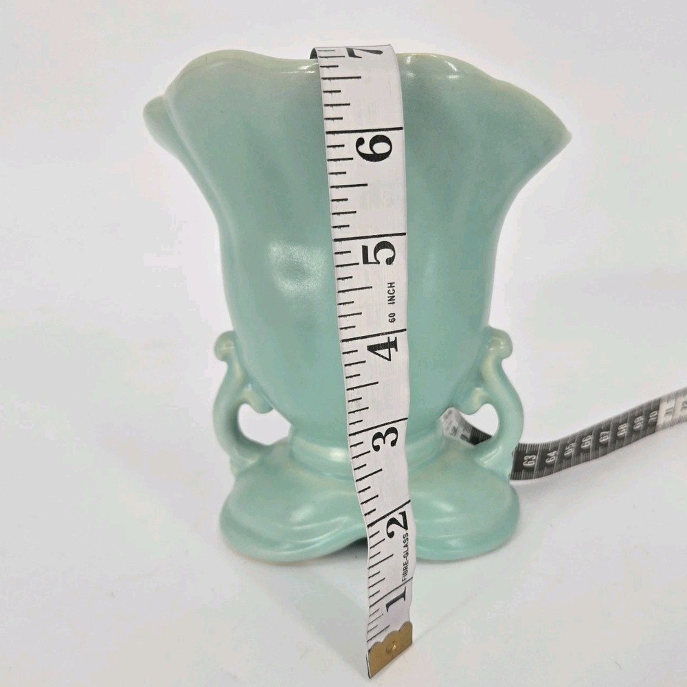 Vintage Weller Cameo Rose Vase Aqua Green White Floral Double Handle 7 In Deco - Picture 8 of 11